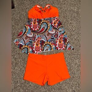 Women’s plus size 2X Vibrant Paisley Tankini Set Orange halter